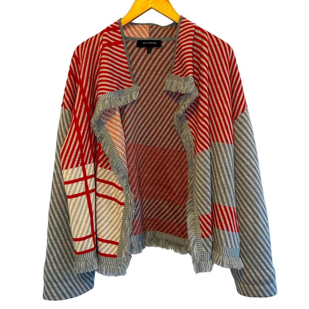 St. John 100% Wool Striped Fringe Open Draped Front Cardigan Sweater Size Large